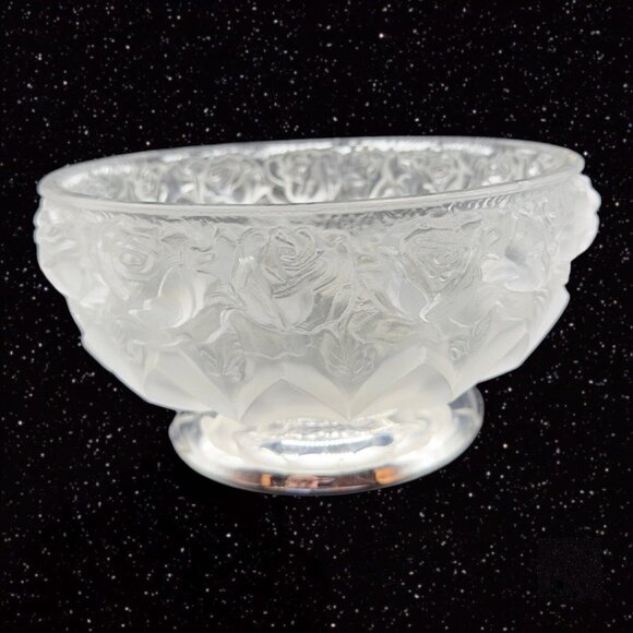 Frosted Satin Crystal Rose Pattern Compote On Silverplate Base Made West Germany - Picture 7 of 13